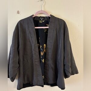 Eskandar Women’s silk kimono jacket with a floral lining Luxury Grey Size L